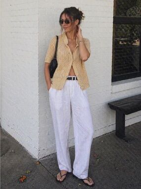 Sandro Beige Open Knit Short-Sleeve Cardigan with Collar